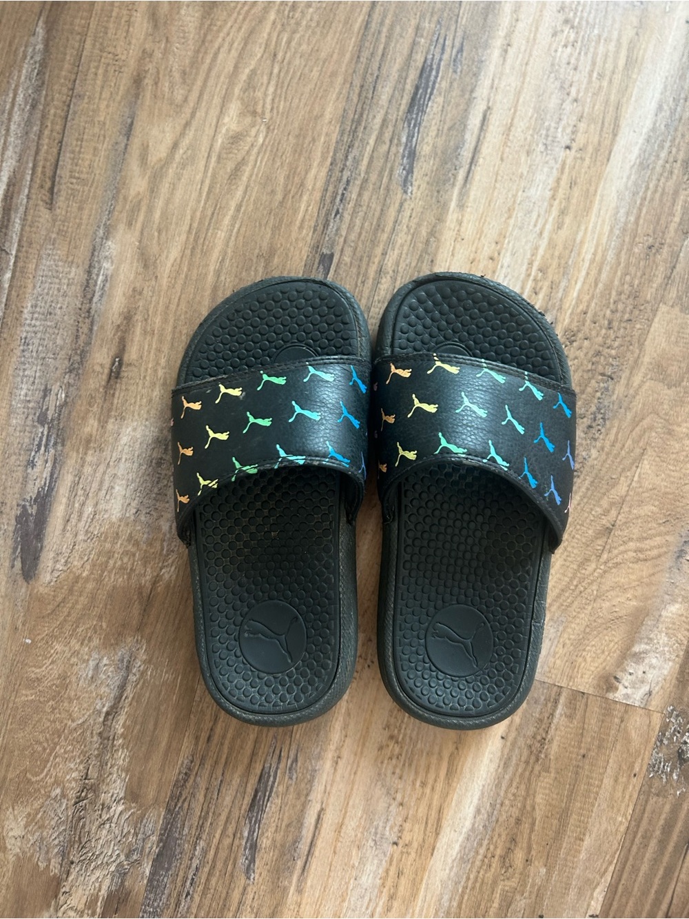 Puma Black Kids' Slide Sandals with Rainbow Puma Logos